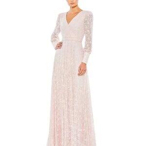 NWT | Mac Duggal 93679 Beaded Lace Long Sleeve Wrap Over Gown Light Rose 6 -$798